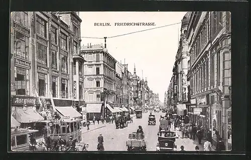 AK Berlin, Friedrichstrasse mit Geschäften und Pferdewagen
