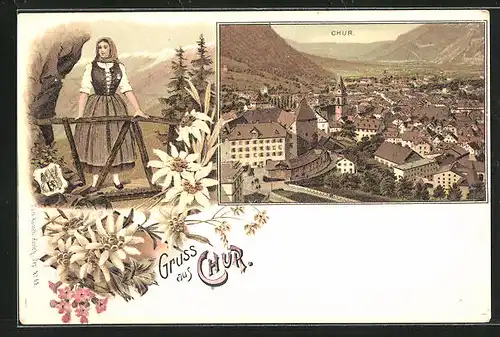 Lithographie Chur, Teilansicht mit Blick ins Tal, Schweizerin in Tracht