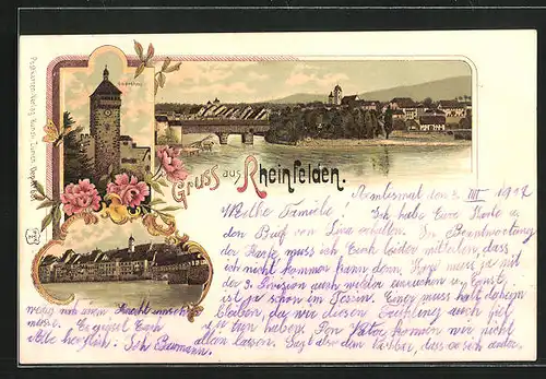 Lithographie Rheinfelden, Oberthor, Teilansicht mit gedeckter Brücke