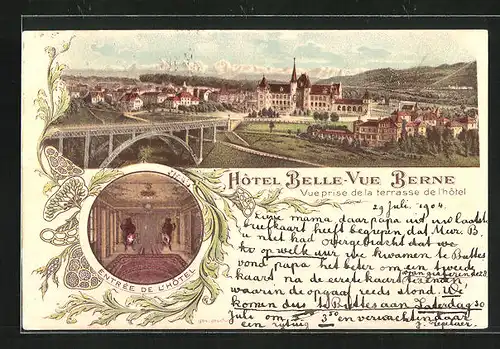 Lithographie Bern, Teilansicht mit Hotel Belle-Vue und Brücke