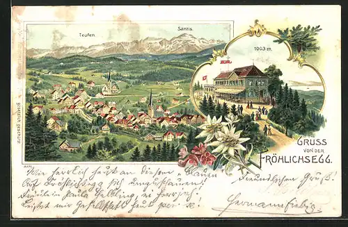 Lithographie Teufen, Gasthaus Fröhlichsegg, Ortsansicht gegen Säntis