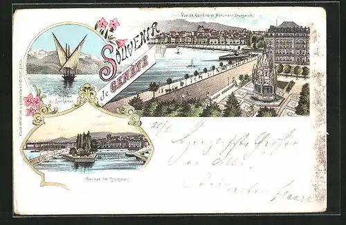 Lithographie Genève, Panorama et Monument Brunswick, Barque du Lac Léman, Ile Rousseau