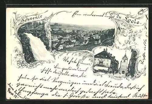 AK Locle, Panorama, Chute du Doubs, Le Temple francais