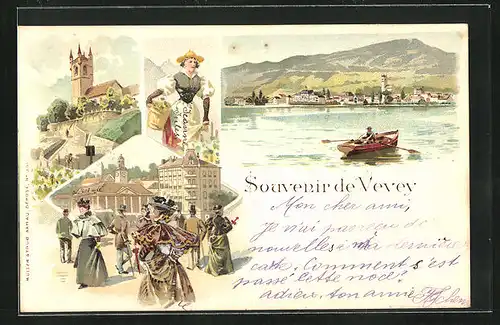 Lithographie Vevey, Ortsansicht, Frau in Tracht