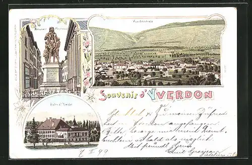Lithographie Yverdon, Vue Générale, Monument Pestalozzi, Bains