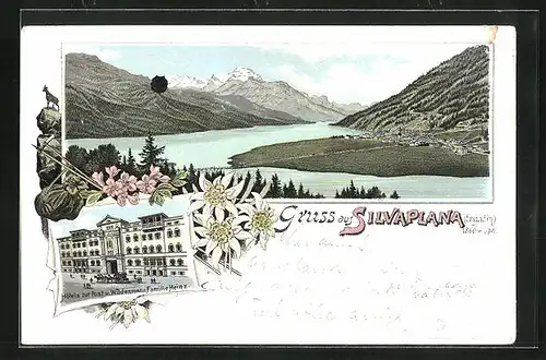 Lithographie Silvaplana, Hotel zur Post und Wildemann, Blick ins Engadin