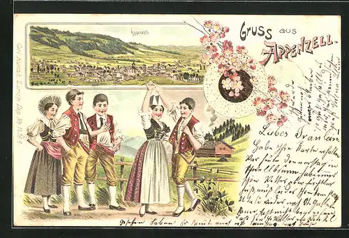 Lithographie Appenzell, Totalansicht, Appenzeller Tracht