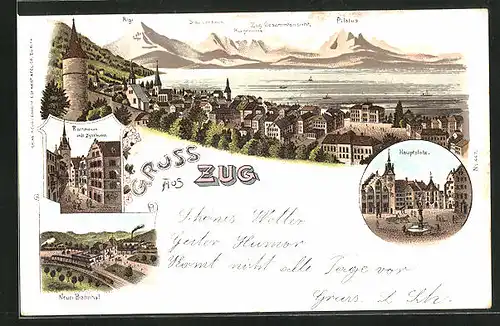 Lithographie Zug, Rigi, Rathaus mit Zytthurm, Neuer Bahnhof, Pilatus