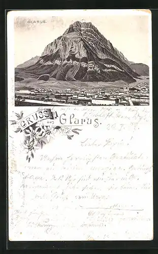Lithographie Glarus, Ortsansicht mit Hausberg