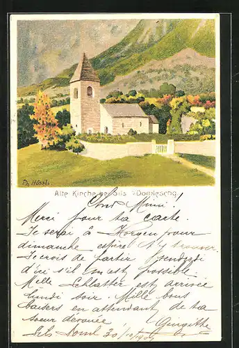 Lithographie Sils i. Domleschg, Alte Kirche in der Herbstsonne