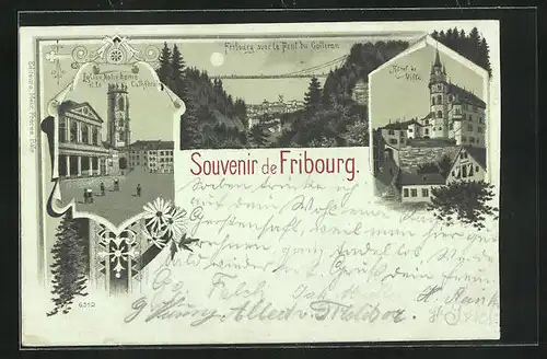 Mondschein-Lithographie Fribourg, Hotel de Ville, L`Eglise Notre-Dame