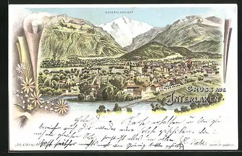 Lithographie Interlaken, Gesamtansicht mit Alpenpanorama