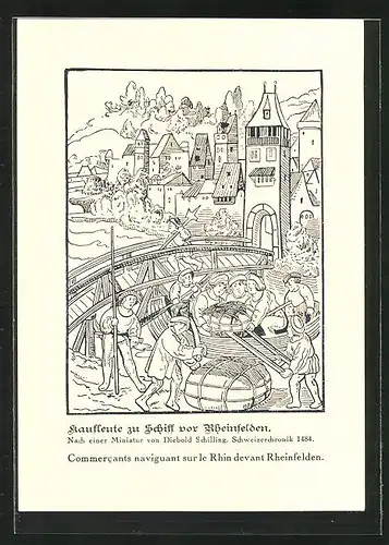 Künstler-AK Rheinfelden, Kaufleute zu Schiff vor der Stadt