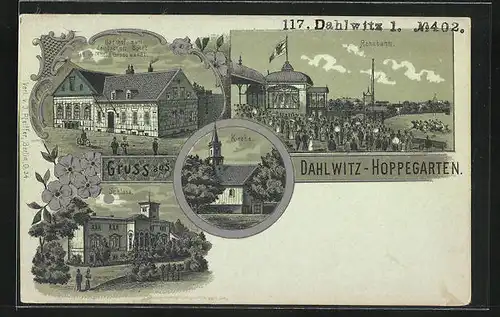 Mondschein-Lithographie Dahlwitz-Hoppegarten, Gasthof zum deutschen Sport, Rennbahn, Schloss