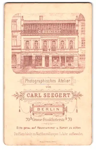 Fotografie Carl Seegert, Berlin, Grosse Frankfurterstr. 70, Ansicht Berlin, Aussenfasade des Ateliers