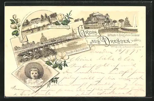 Vorläufer-Lithographie Dresden, 1895, Hoftheater mit König Johann-Denkmal, Palais im Grossen Garten, Augustusbrücke