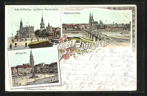 Vorläufer-Lithographie Dresden, 1895, Altmarkt, Augustusbrücke, Schloss und Hofkirche