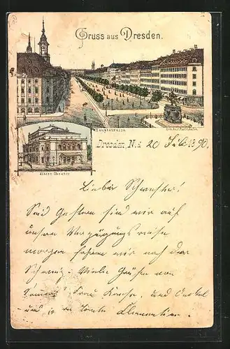 Vorläufer-Lithographie Dresden-Neustadt, 1890, Hauptstrasse und Alberttheater