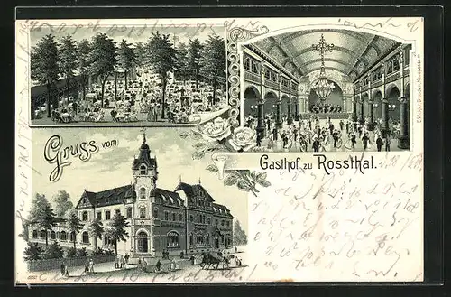 Lithographie Gasthaus Rossthal, Innen- und Aussenansicht