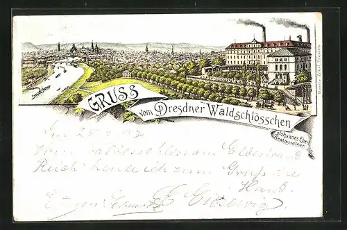 Lithographie Dresden-Neustadt, Totalansicht, Waldschlösschen