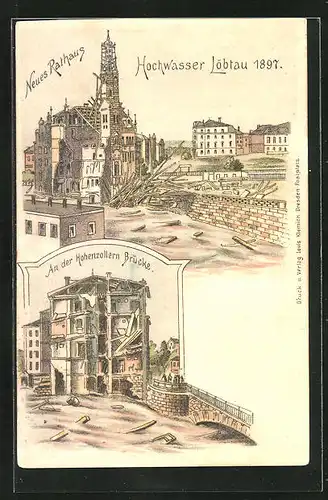 Lithographie Dresden-Löbtau, Hochwasser 1897, zerstörtes Neues Rathaus, an der Hohenzollern-Brücke