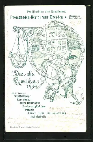 Lithographie Dresden, Das alte Rauchhaus von 1494, Promenaden-Restaurant, Webergasse / Scheffelstrasse