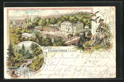 Lithographie Dresden-Dresdner Heide, Gasthaus Haidemühle, kleiner Wasserfall, Jäger mit Rebhuhn