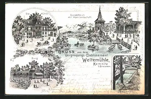 Lithographie Dresden-Kemnitz, Gasthaus Weltemühle, Burg, Wasserfall, Gondelteich