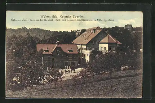 AK Dresden-Kemnitz, Gasthaus Weltemühle, Totalansicht
