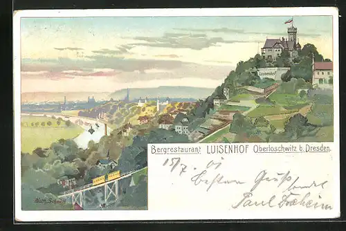 Lithographie Dresden-Weisser Hirsch, Bergrestaurant Luisenhof