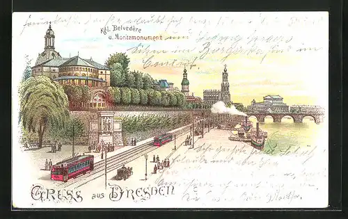 Lithographie Dresden, Kgl. Belvedère u. Moritzmonument