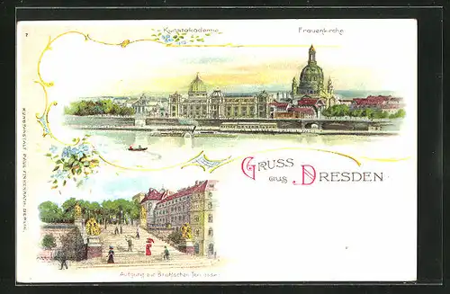 Lithographie Dresden, Aufgang zur Brühl`schen Terrasse, Frauenkirche und Kunstakademie