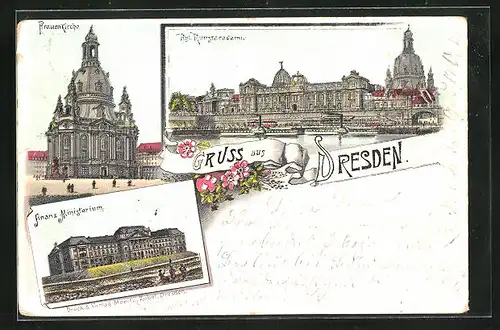 Lithographie Dresden, Frauenkirche, Finanz-Ministerium, Kgl. Kunstakademie