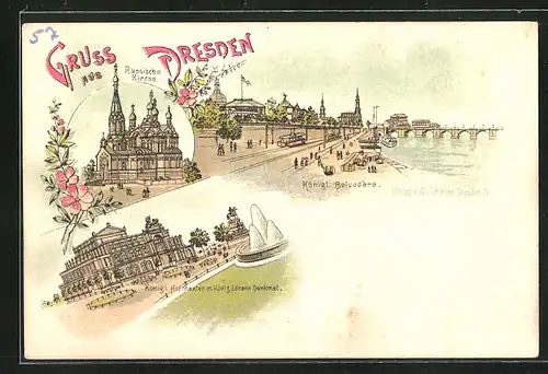 Lithographie Dresden, Russische Kirche, Kgl. Belvedere, Kgl. Hoftheater