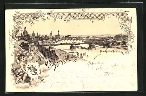 Lithographie Dresden, Neue Carola-Brücke aus der Vogelschau