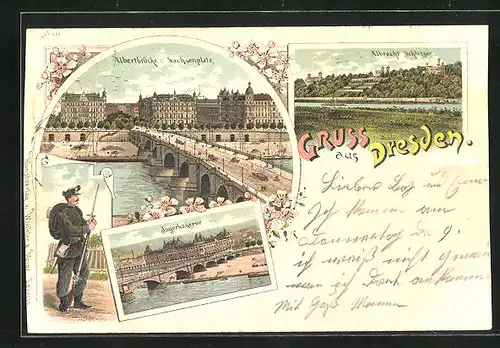 Lithographie Dresden, Albertbrücke u. Sachsenplatz, Albrecht Schlösser, Jägerkaserne