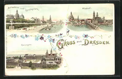 Lithographie Dresden, Belvedere und Landeplatz, Zwinger, Altstadt