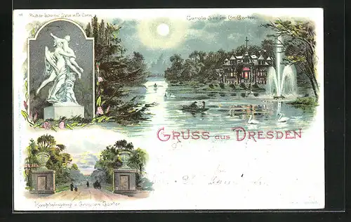 Lithographie Dresden, Carola-See im Gr. Garten, Haupteingang