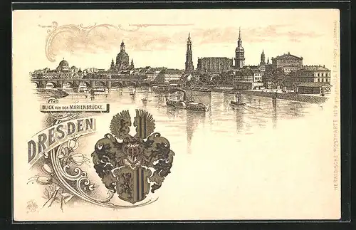 Lithographie Dresden, Blick von der Marienbrücke