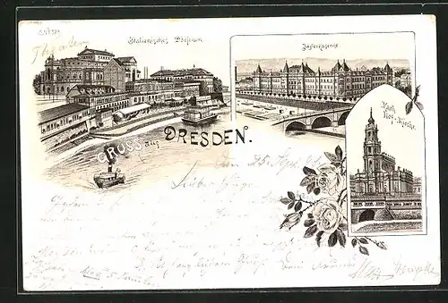 Lithographie Dresden, Italienisches Dörfchen, Jägerkaserne, Kath. Hof-Kirche