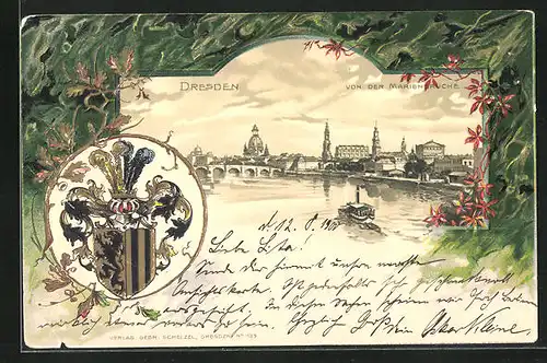 Passepartout-Lithographie Dresden, Ortsansicht von der Marienbrücke, Wappen
