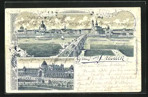 Lithographie Dresden, Ausstellungspalast, Panorama der Altstadt