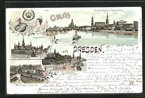 Lithographie Dresden, Kgl. Schloss, Zwinger, Panorama der Altstadt