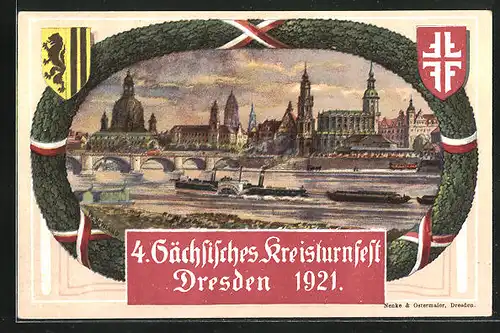 Künstler-AK Dresden, 4. Sächsisches Kreisturnfest 1921, Flusspartie mit Altstadt