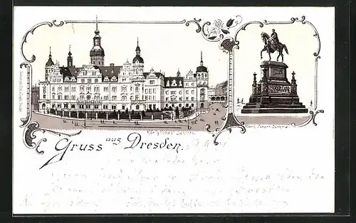 Lithographie Dresden, Kgl. Schloss, König Johann-Denkmal