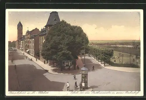 AK Frankfurt-Höchst, Blick in die Rathenaustrasse und Bahnhof, Litfasssäule