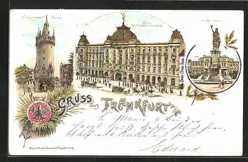 Lithographie Frankfurt, Reichspostgebäude, Schützenbrunnen, Pferdebahn