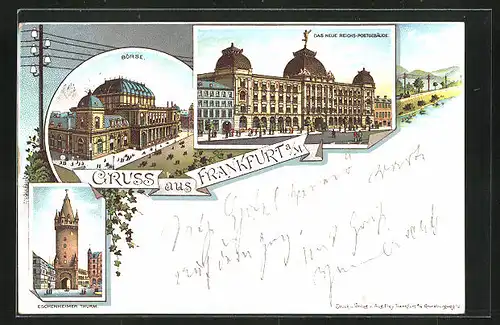 Vorläufer-Lithographie Frankfurt, 1895, Eschenheimer Turm, Börse, Reichs-Postgebäude
