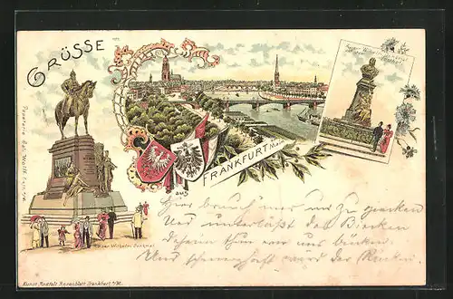 Lithographie Frankfurt, Teilansicht mit Mainbrücke, Kaiser Wilhelm Denkmal a. d. Posthof