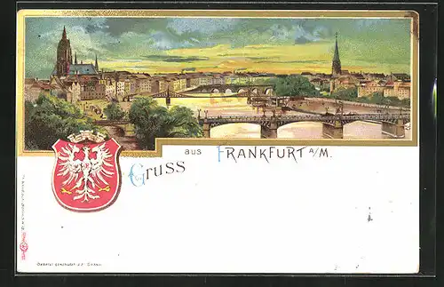 Lithographie Frankfurt, Mainpanorama mit Kirchen und Brücken